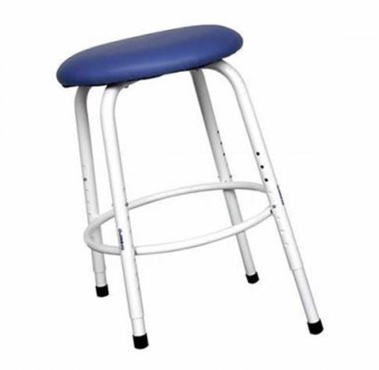 An adjustable stool with blue padded seat