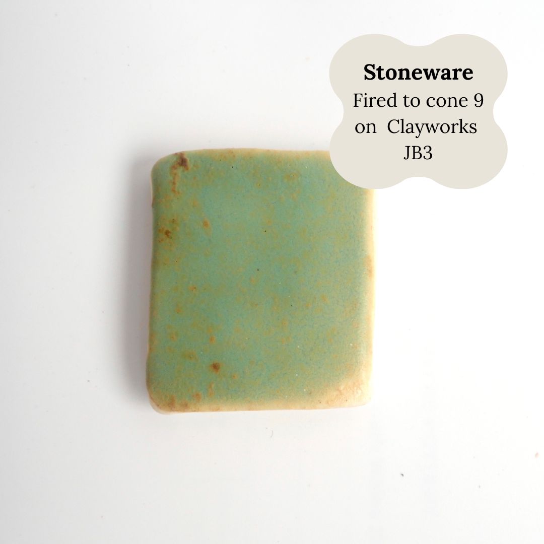 Stoneware ceramic tile with a green glaze 'Fired to cone 9 on Clayworks JB3'.
